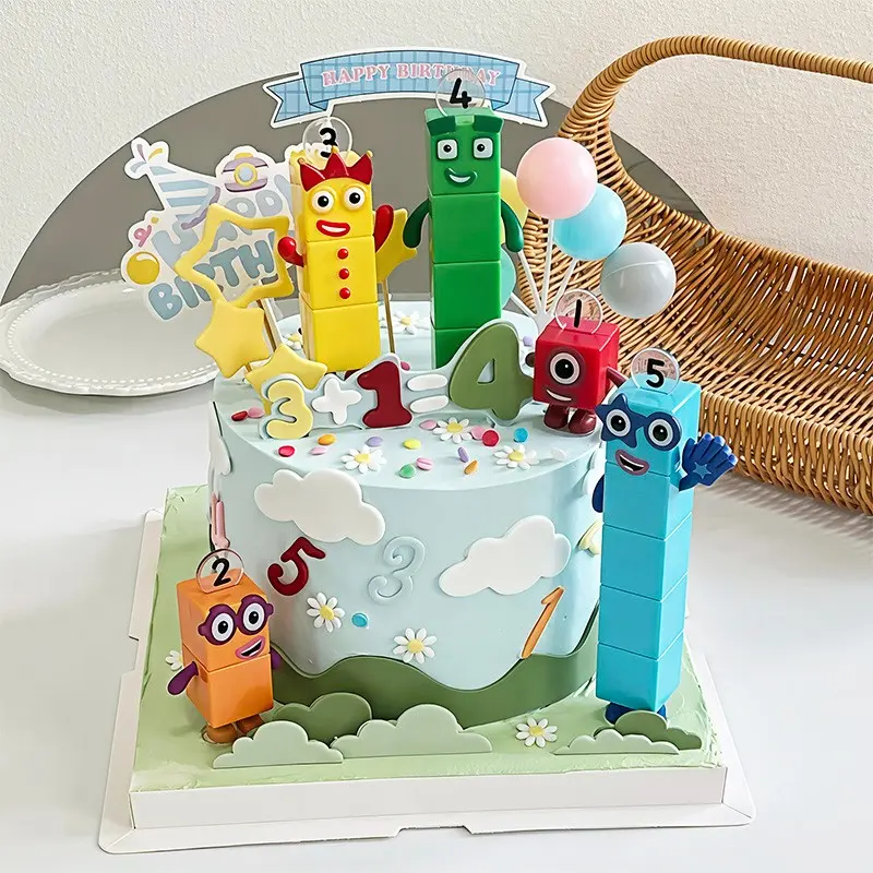 Birthday Cake Decorations, Birthday Cake Toppers, Cartoon Number Building Blocks Theme Party Sweet Treats, Baby First Birthday Insert