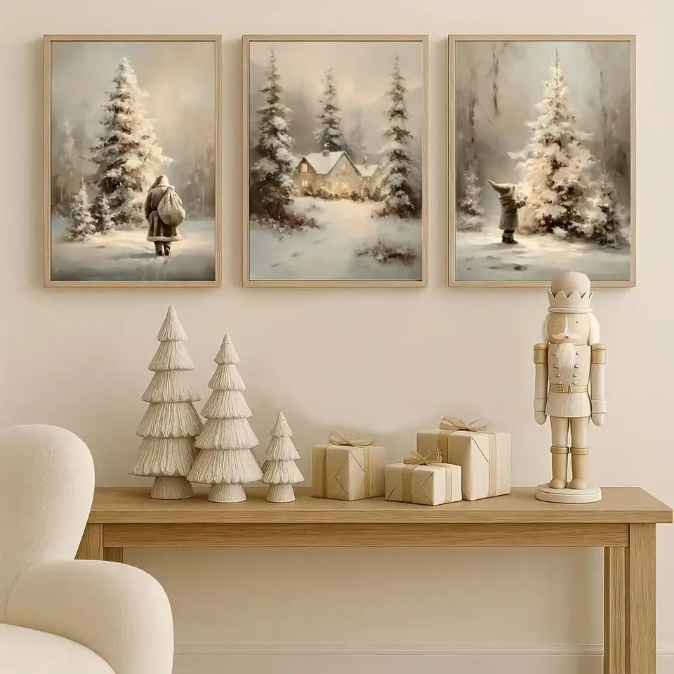 3pcs Rural Christmas Tree Santa Claus Frameless Canvas Painting Nordic Rural Farmhouse Winter Christmas Tree Mural Poster Living Room Home Decoration