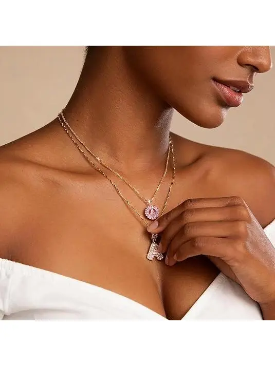 14K Gold Plated Letter Necklace, 2PCS Trendy Initial A-Z Pendant Necklaces Personalized Round Circle Pendant Zirconia Letters Name Jewelry Couple Necklace Holiday Gift