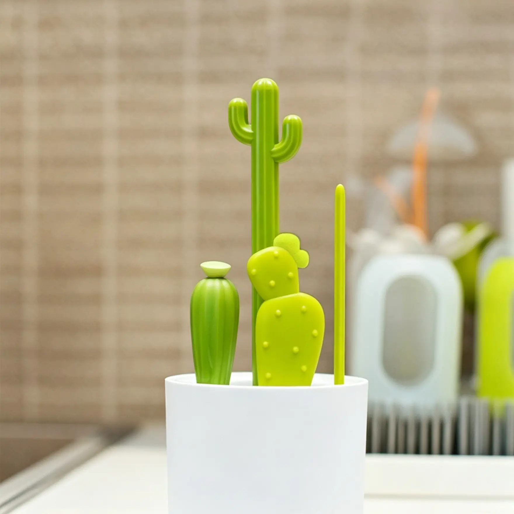 Cactus Baby Bottle Brush Set, Multi-Functional Cup Brush, Infant Nipple Cleaner, Straw Brush, Home Essentials Gift, 1 Set