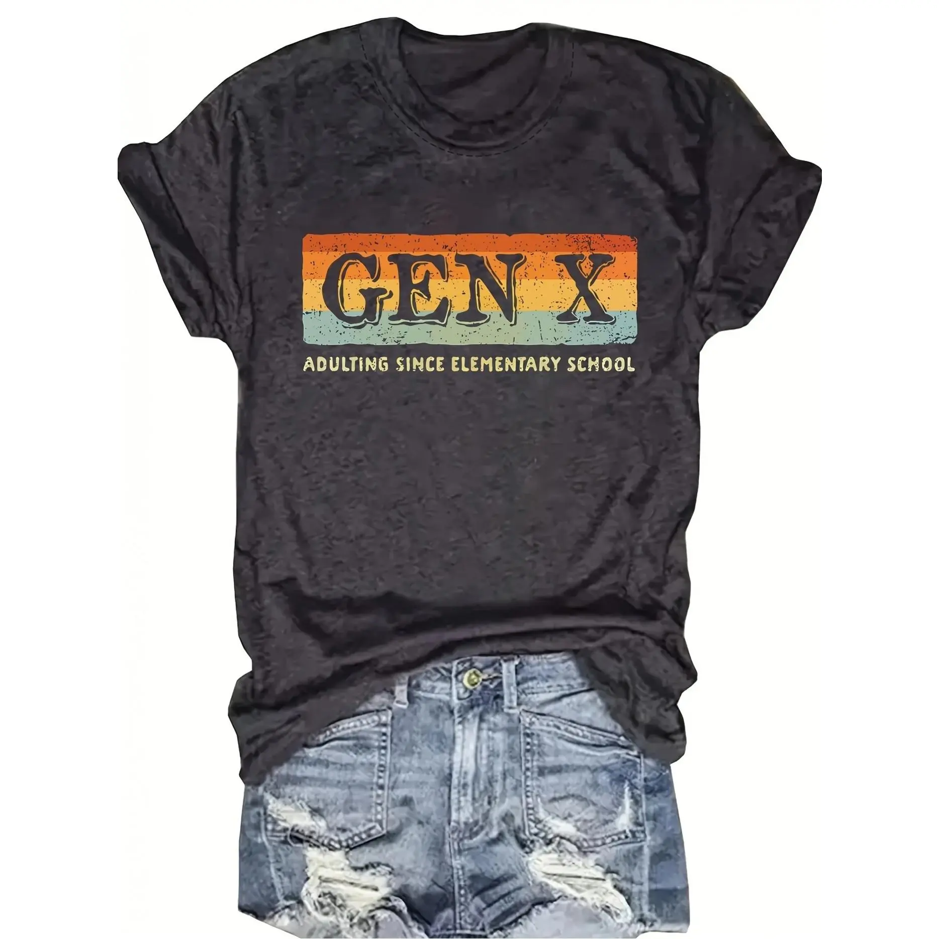 Women's Short-Sleeve Funny "Gen X Adulting Since Elementary" Graphic T-Shirt - Black Casual Streetwear, Retro 90s Nostalgia, Classic Round Neck, Lightweight All-Season Top for Office & Lounge Wear, Shortsleeve