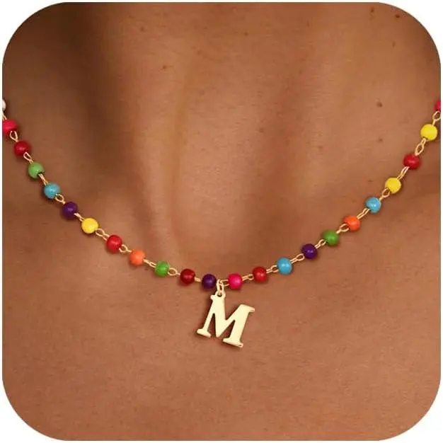 Initial Necklaces for Women Rainbow Beaded Initial Necklaces Boho Colorful Choker Necklace Cute Personalized Letter Necklace for Women Multicolor Beaded Choker Trendy Beach  Gifts