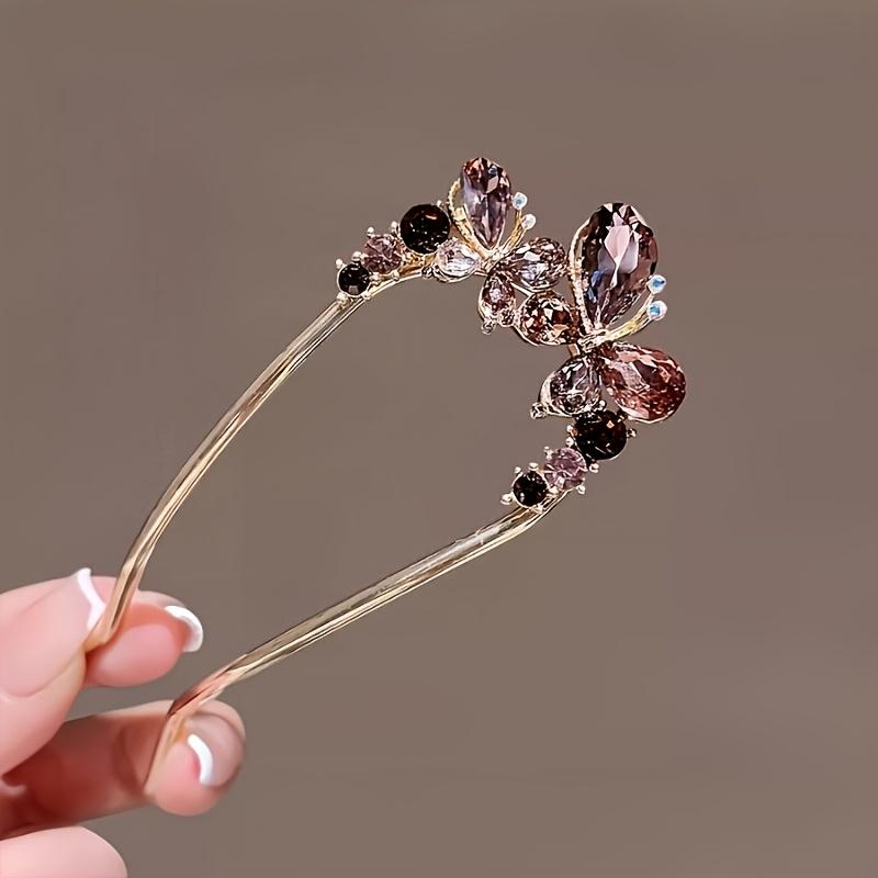 2pcs Set of Colorful Rhinestone Butterfly Flower Metal Hair Styling Artifact Women'S Hairpin Comb