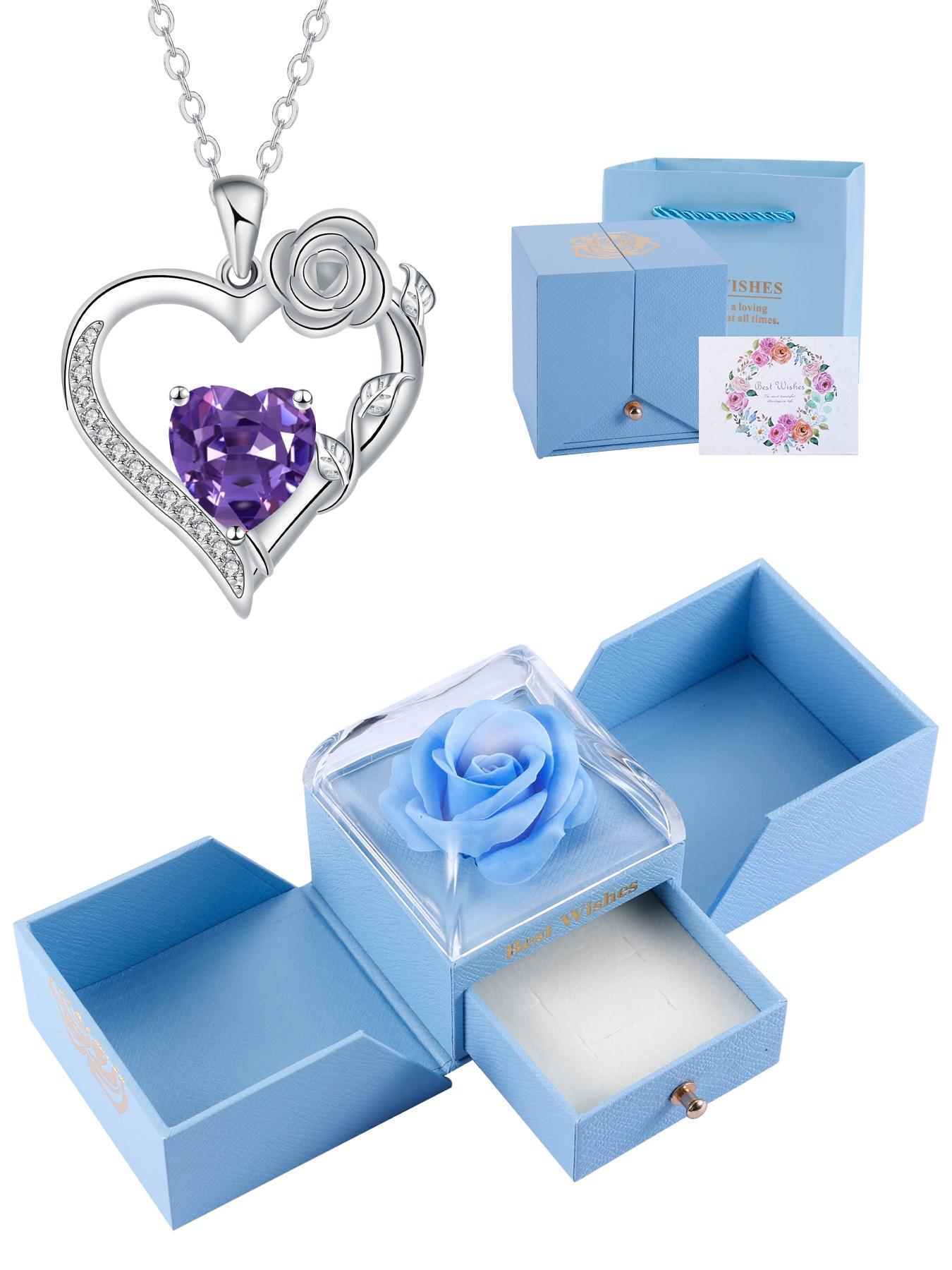 Rose Flower Heart Pendant Necklace With Rose Jewelry Gift Box, Exquisite Jewelry Gift, Anniversary Valentines Day Necklace Gift for Wife Girlfriend, Birthday Gifts for Mom Daughter, Heart Design Necklace