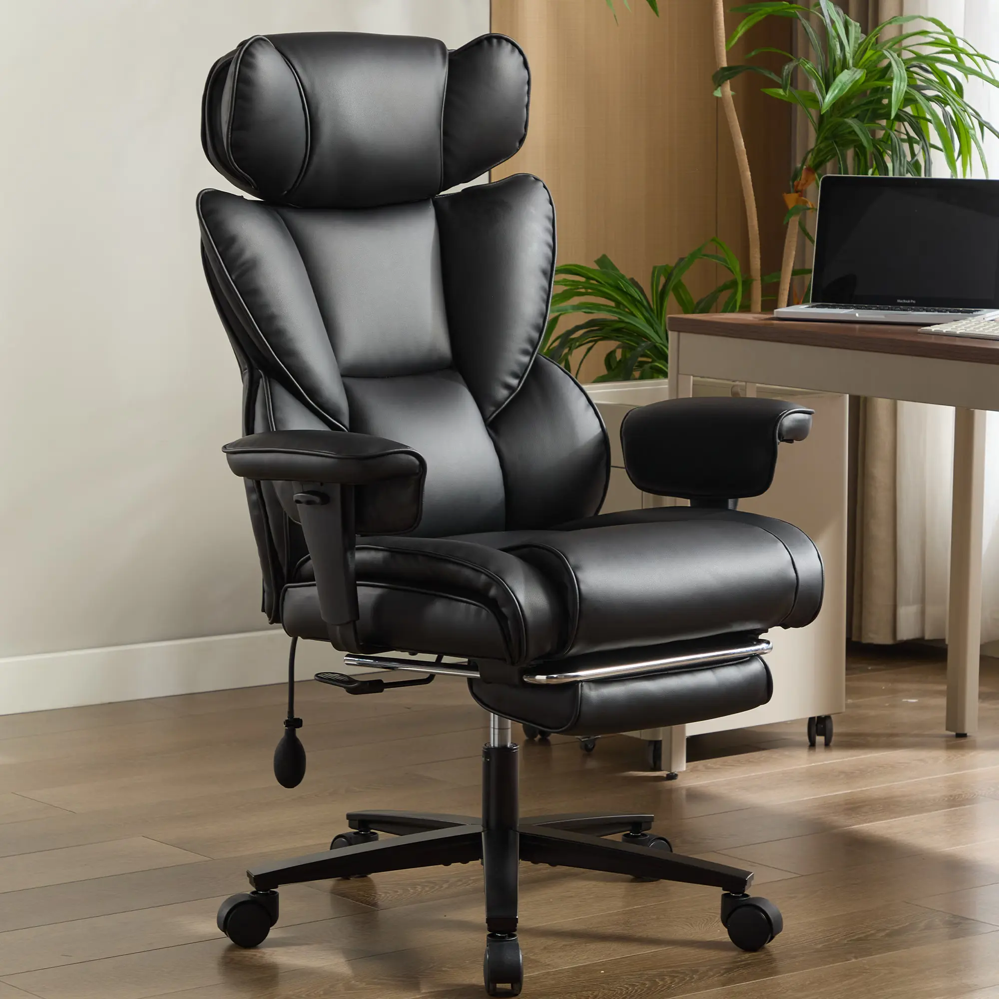 ARCH Ergonomic Office Chair with Foot Rest and Inflatable Lumbar Support, High-Back PU Leather Gaming Chair with Adjustable Headrest and Armrests, Reclining Desk Chair for Home Office, Black, 300 lbs Capacity, Black Color Options, PU Leather Material