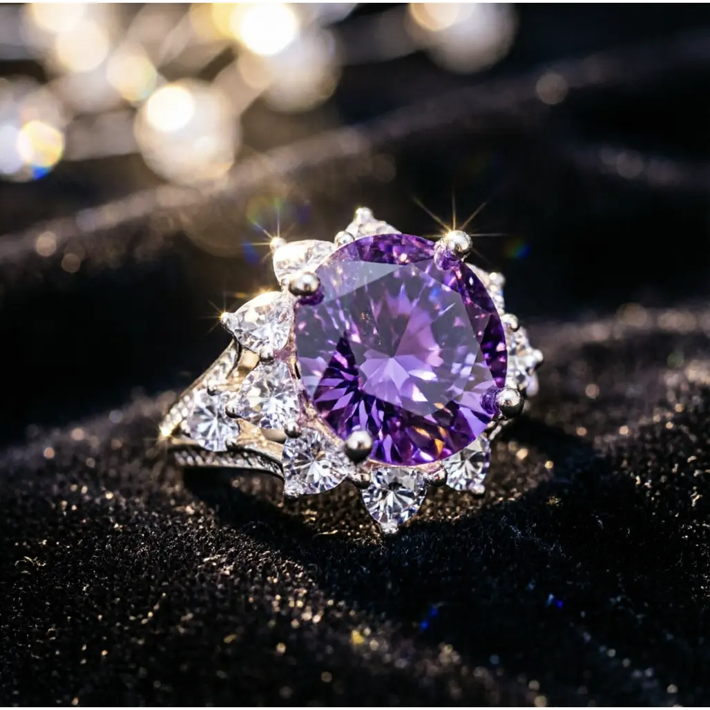 Royal Crown Large Round 12mm Amethyst Halo Statement Ring, Retro Look, Ideal for Mother’s Day, Valentine’s Day, Prom Night