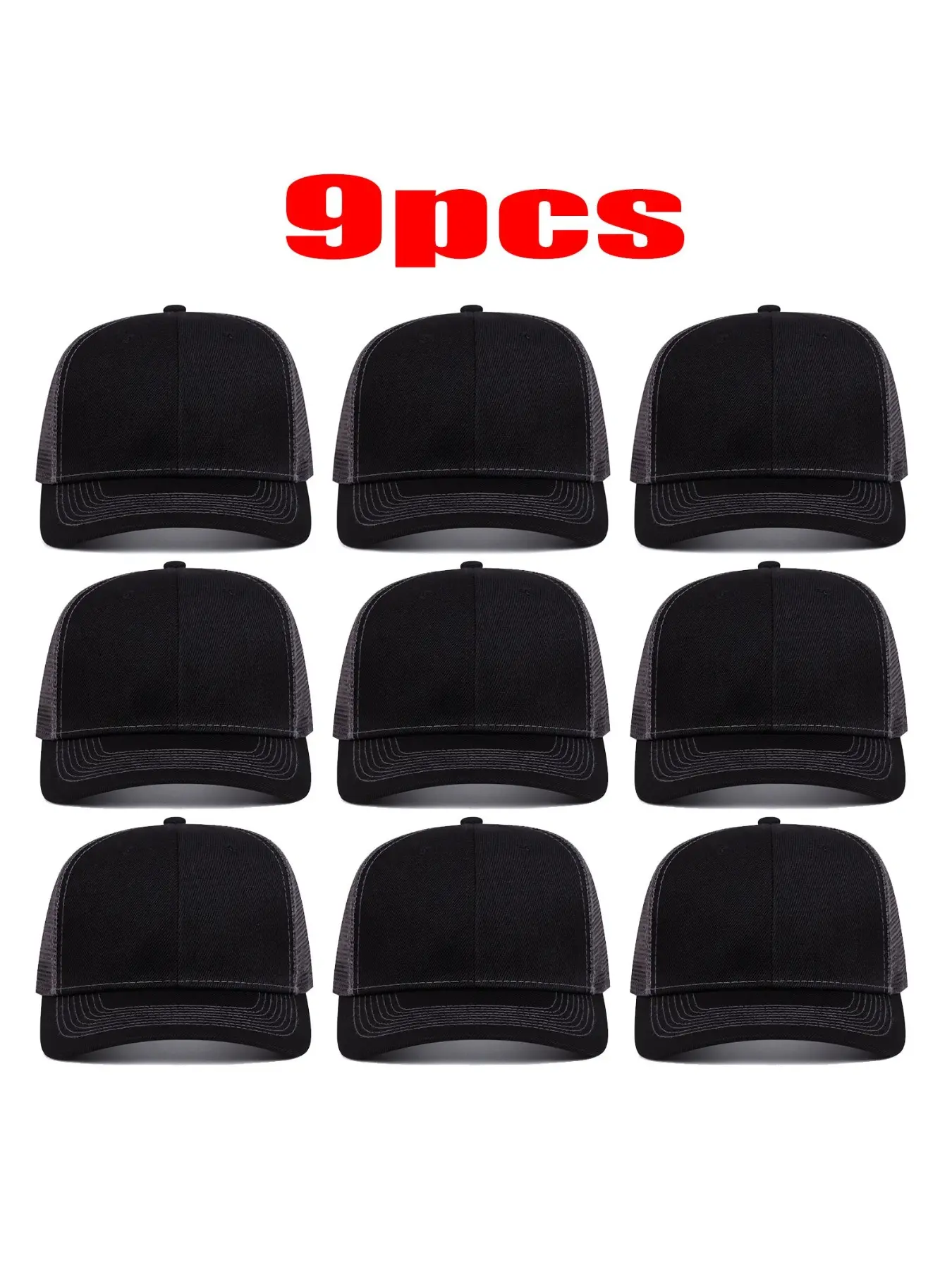 9 Pcs Blank Trucker Hats Bulk Set, Plain Black Mesh Back Baseball Caps For Men Women, Premium Custom DIY Sublimation Printing Hat, Casual Summer Outdoor