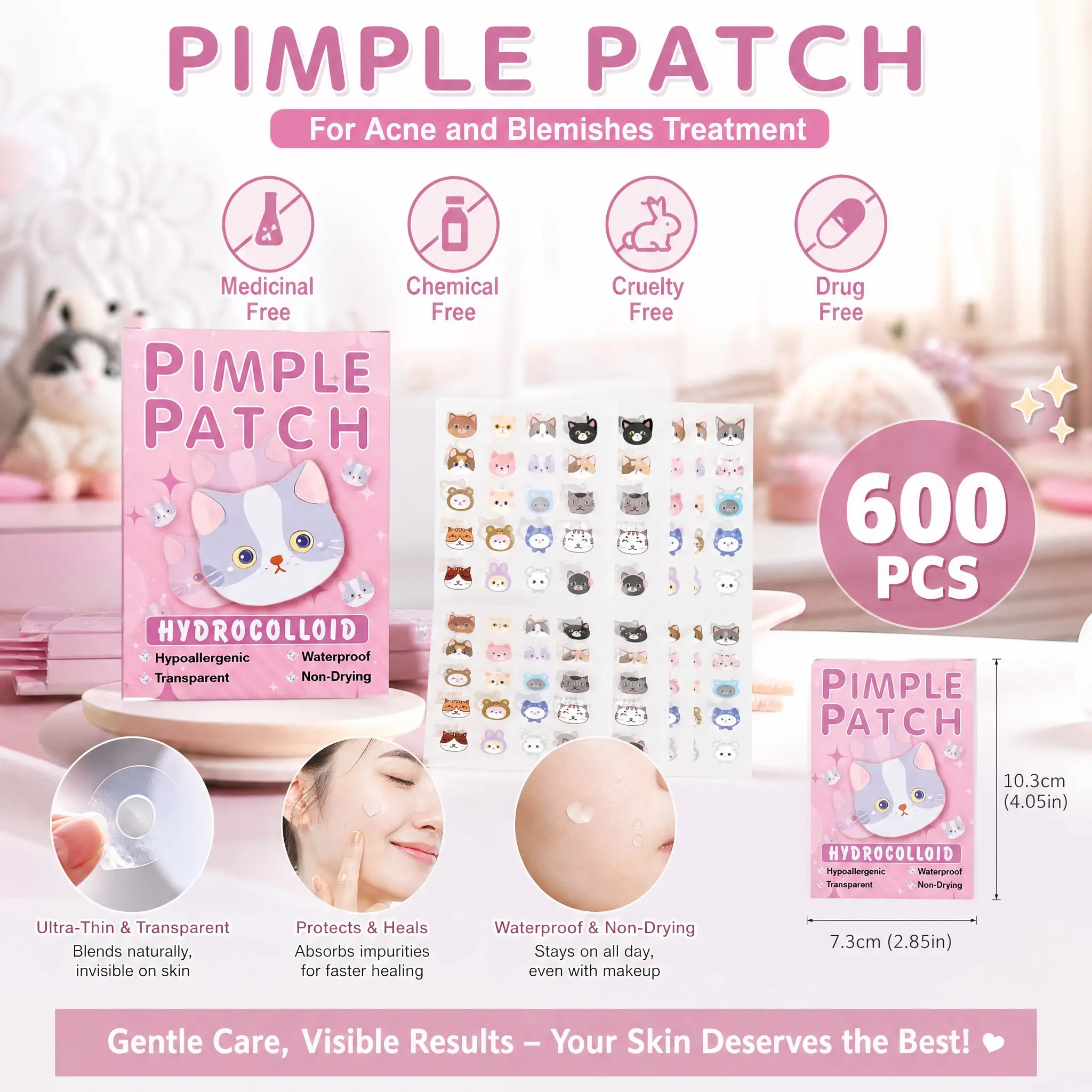 Cute Cat Pimple Patches 600pcs, Hydrocolloid Hypoallergenic Acne Absorbing Stickers, Invisible Waterproof Blemish Spot Dots for All Skin Types