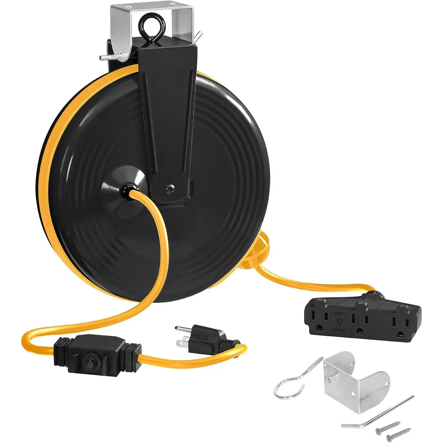 30 Ft Retractable Extension Cord Reel, 16/3 Gauge SJTOW Power Cord with 3 Electrical Outlets Pigtail for Garage and Shop, 10 Amp Circuit Breaker, Metal Plate, UL Listed, Yellow Y30ACR06