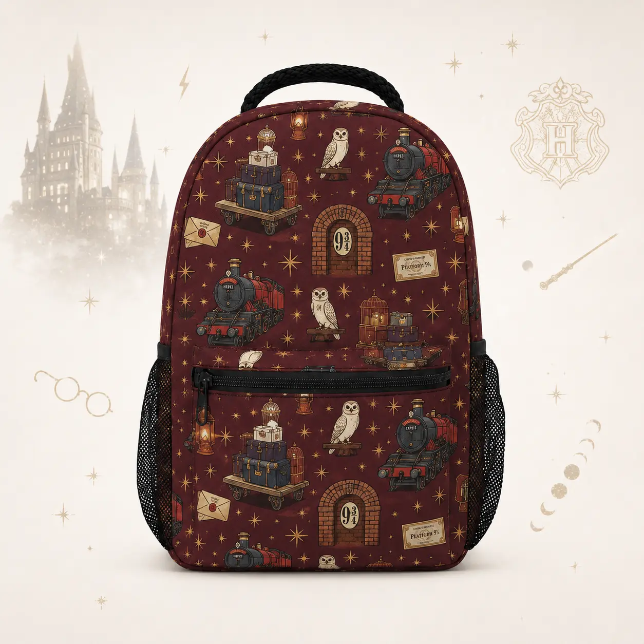 Harry Potter Burgundy Platform 9¾ Backpack, Magical School Bookbag with Front Zipper Pocket, Mesh Side Pockets & Adjustable Straps for Kids Teens