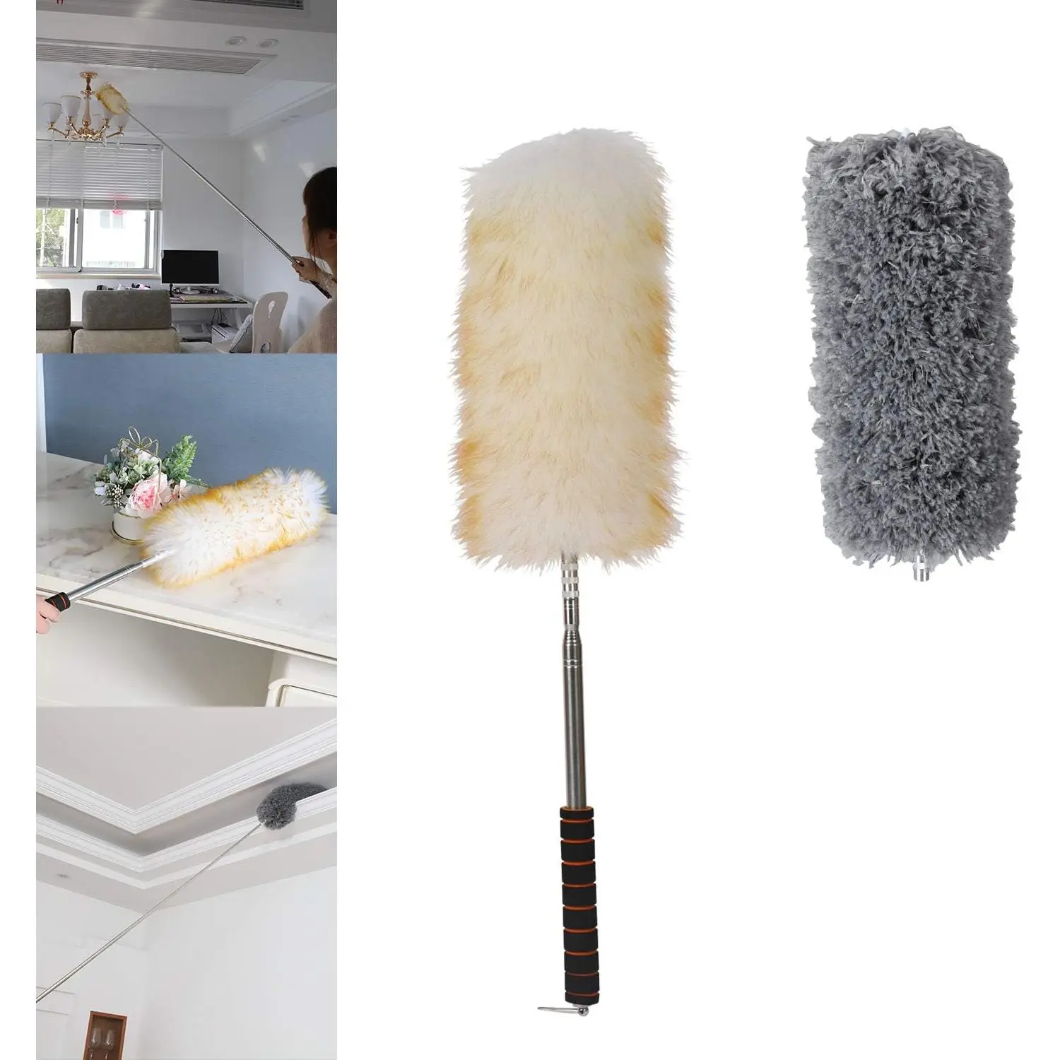 Lambswool Duster with Extra Flexible Microfiber ,Long /Extendable Duster Up to 86" for Cleaning High Ceiling Fan, Interior Roof, Cobweb, Keyboard, Furniture