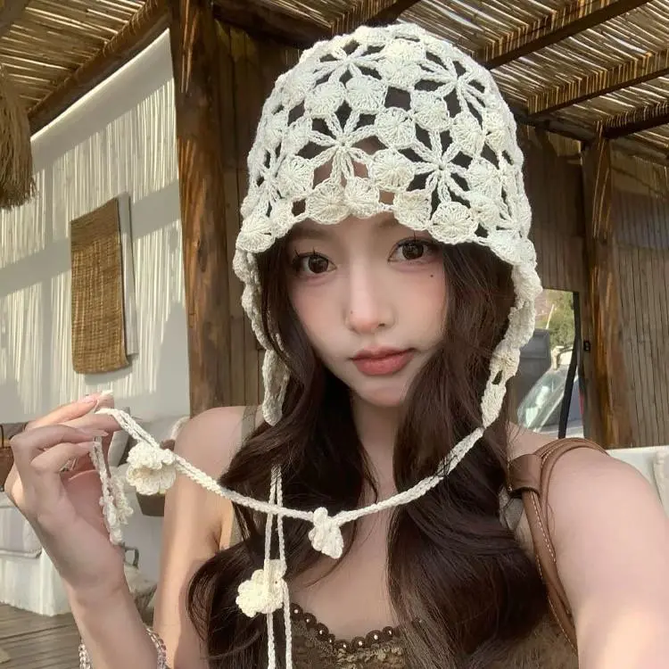 Effortless Floral Crochet Knit Bonnet Beanie Hat Breathable Non Flattening Lightweight Flower Tassel Ties Ear Flap Cottagecore Beach Vacation Photo Shoot
