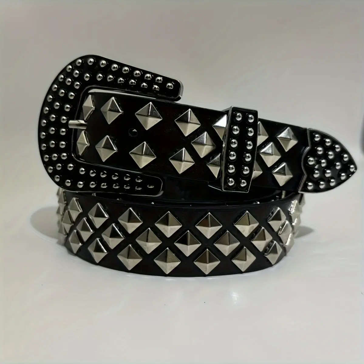 Punk Studded Cubic Bead PU Leather Belt with Euro Edge Trim, Studded Buckle, Black and White for Festival Outfits, Commuting