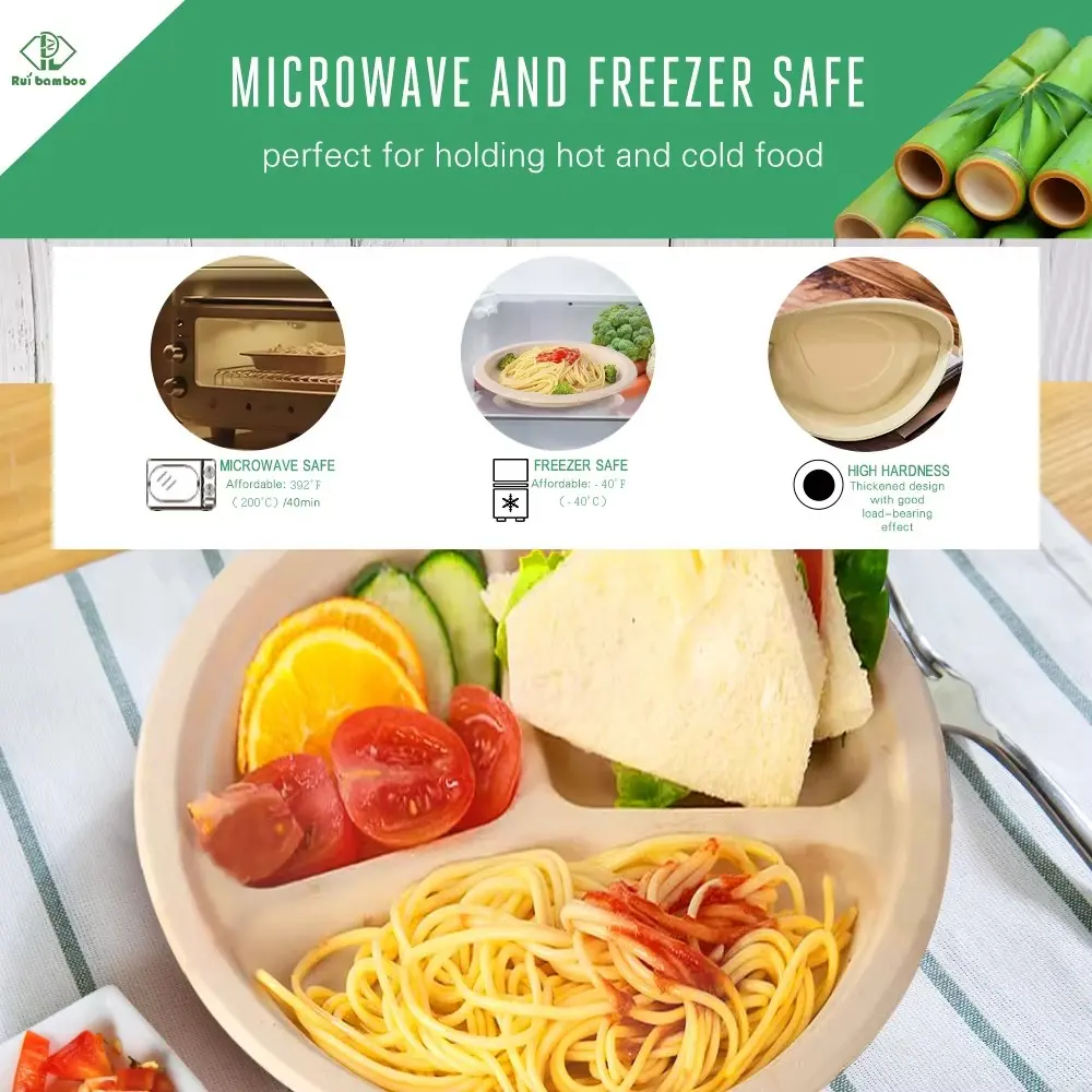 Rui Bamboo 50 & 100 Pcs 9 Inch 3 Compartment Plates, Disposable Bamboo Fiber Divided Food Trays Bulk Party Supplies for Hot & Cold Meals, Takeout Lunch Platters (9 INCH)