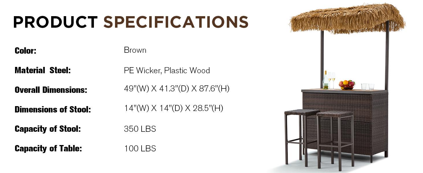 Outdoor Tiki Bar Set, 3 Pieces Wicker Patio Bar Set w/2 Height Stools, Storage Shelf, Canopy, Plastic Wood Tabletop for Backyard Poolside Garden, Brown