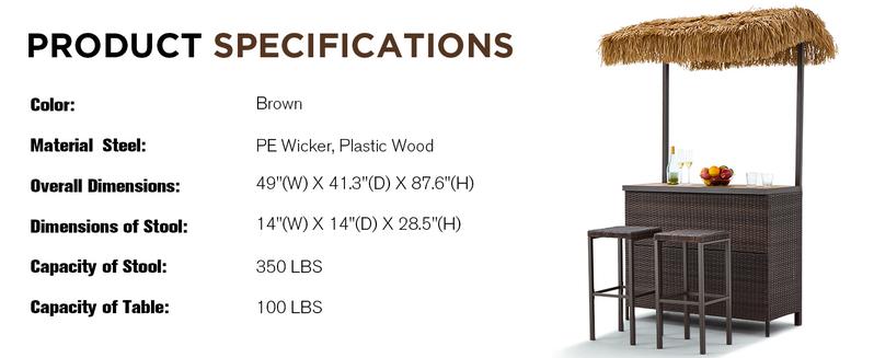 Outdoor Tiki Bar Set, 3 Pieces Wicker Patio Bar Set w/2 Height Stools, Storage Shelf, Canopy, Plastic Wood Tabletop for Backyard Poolside Garden, Brown