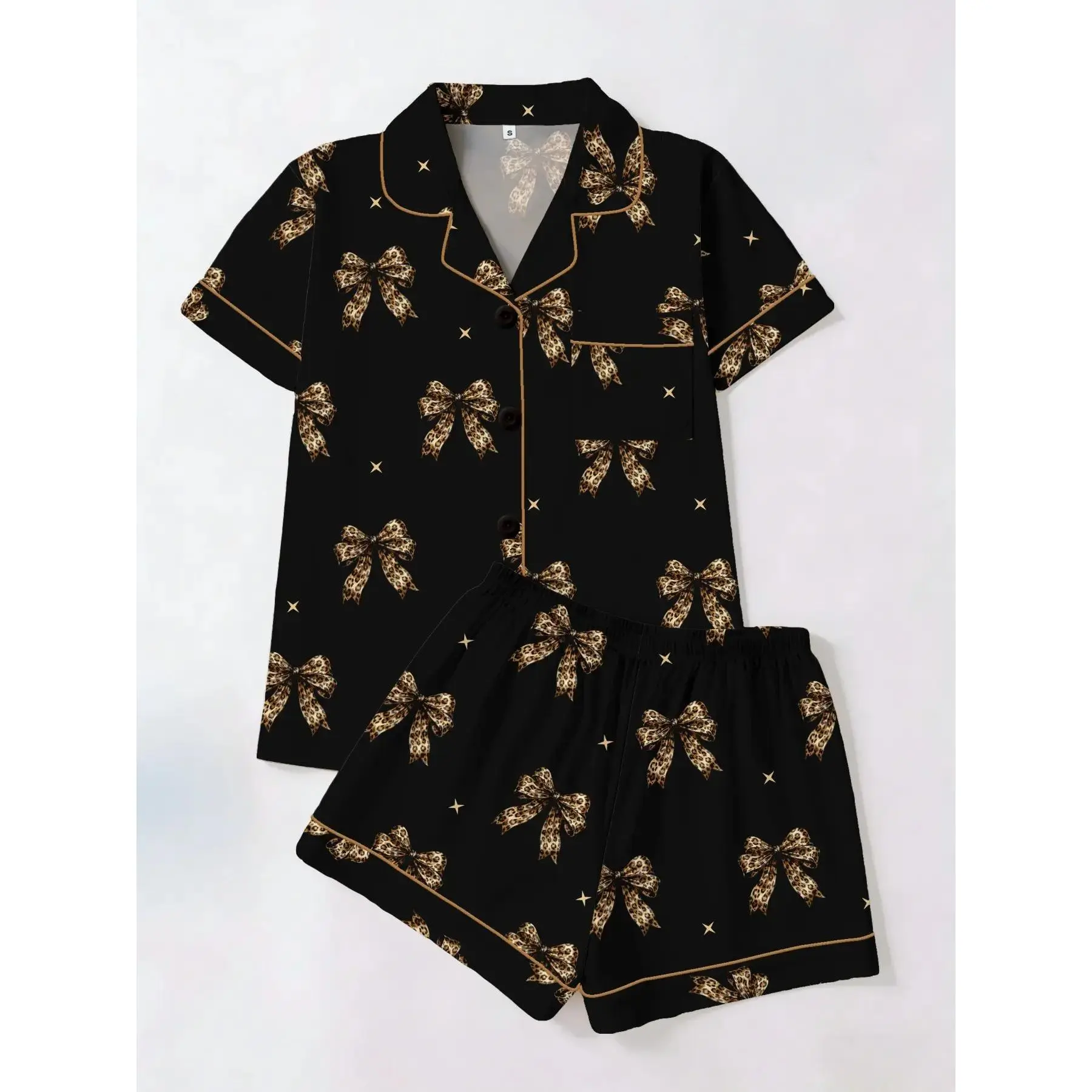 Elegant Chic Style Gold Leopard Bow Printed Short Sleeve Shorts Set, Casual All Season Women's Sleepwear, Pajamas, Pjs & Loungewear Homeewear Two-Piece Suit Outfit