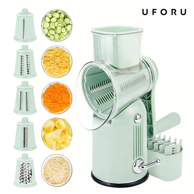 5-in-1 Rotary Cheese Grater & Vegetable Chopper with Suction Base,  Safety Handle - for Cheese, Vegetables, Fruits & Shredding Chicken