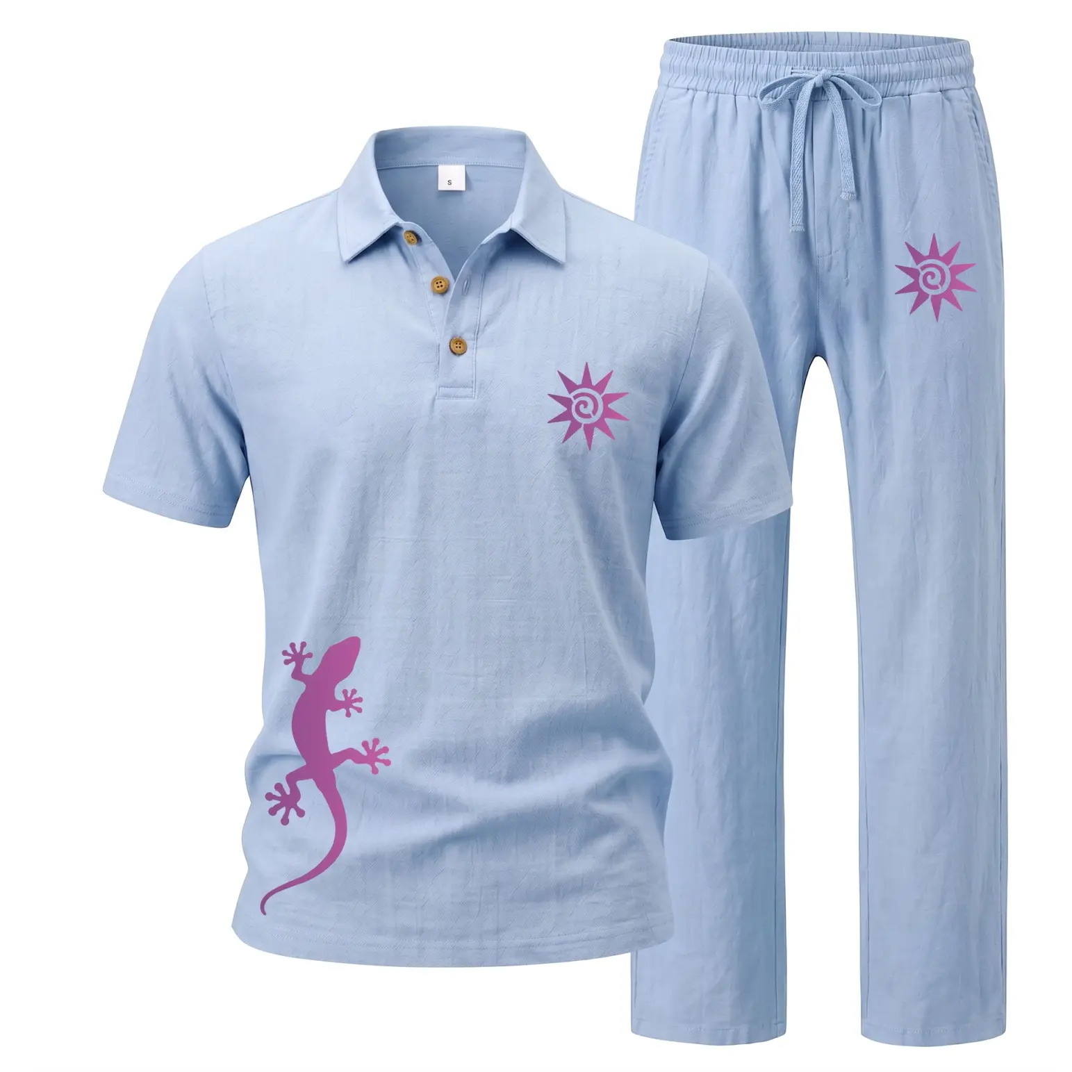 Men's Linen Cotton 2 Piece Outfit Set, Short Sleeve Polo Shirt and Casual Pants Matching Set with Unique Graphic Print, Lightweight Breathable Summer Clothing for Beach Vacation, Travel, Resort and Daily Wear