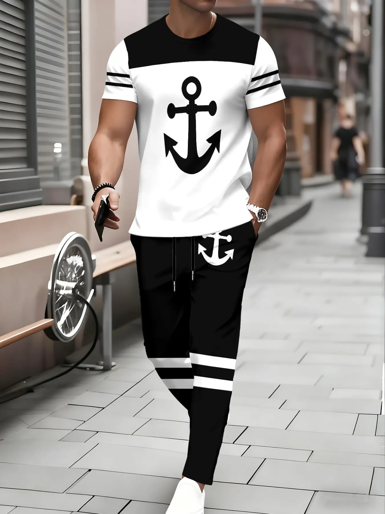 Men's short sleeved and long pants two-piece set, boat anchor printed casual suit, American maritime style men's suit