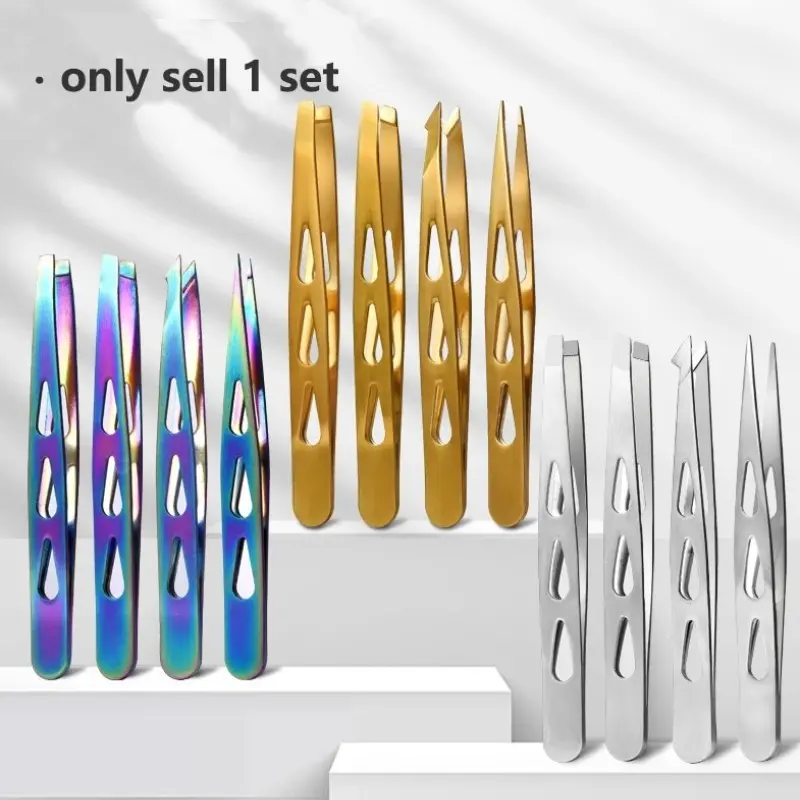 4pcs Set Stainless Steel Eyebrow Tweezers, Pointed Tip Oblique Mouth, Beard Tweezers, Portable Multifunctional, Beauty Tools