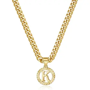 Gold Initial Necklace,14K Gold Plated Round Letter Pendant Hollow Capital Monogram 5mm Cuban Chain Necklace Alphabets from A-Z Dainty Jewelry  Women Men