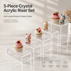 5-Piece Crystal Clear Acrylic Riser Display Stand Set - Multi-Layered Step Shelves for Cupcakes, Collectibles, Cosmetics & Retail Display, Durable & Easy to Clean