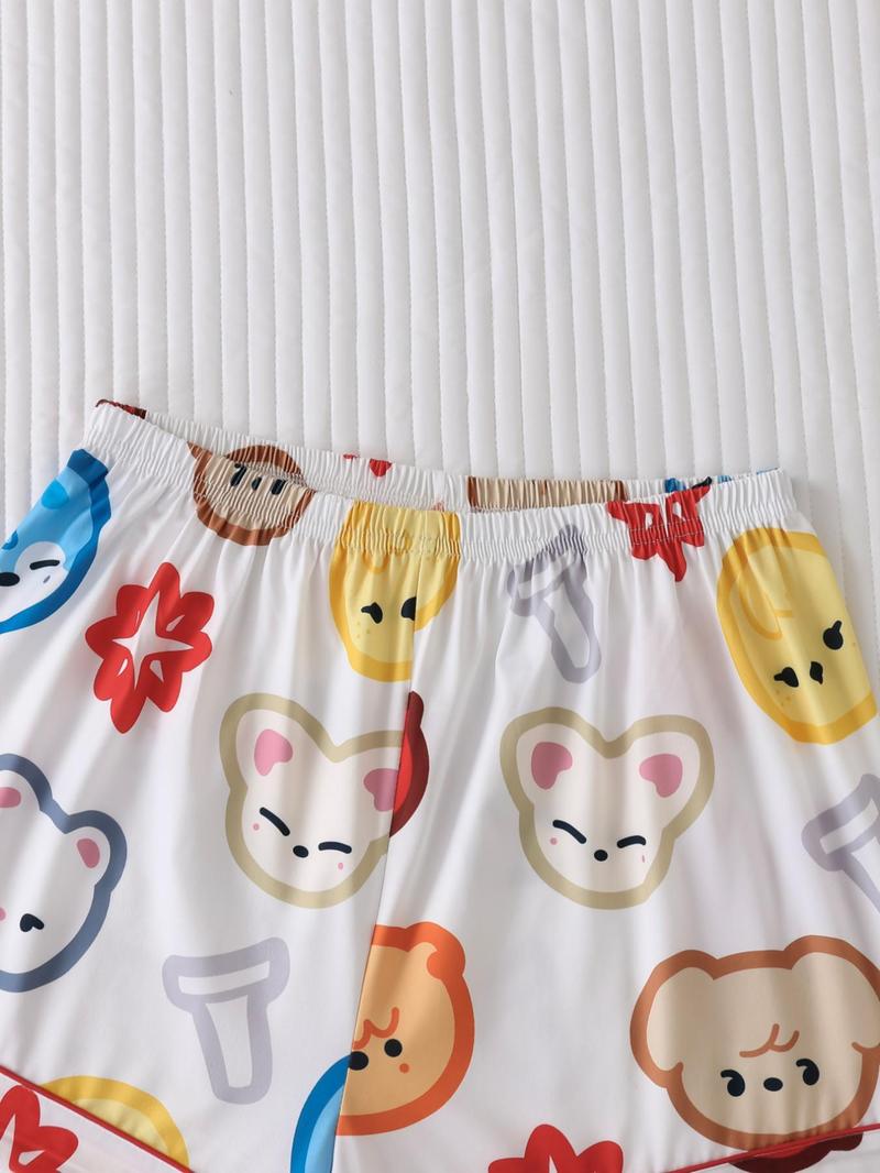 Women's Cartoon Print Short Sleeve Top & Shorts Pyjama, Casual Comfy Top & Shorts Pj Set, Ladies Sleepwear for All Seasons, Loungewear, Pajamas