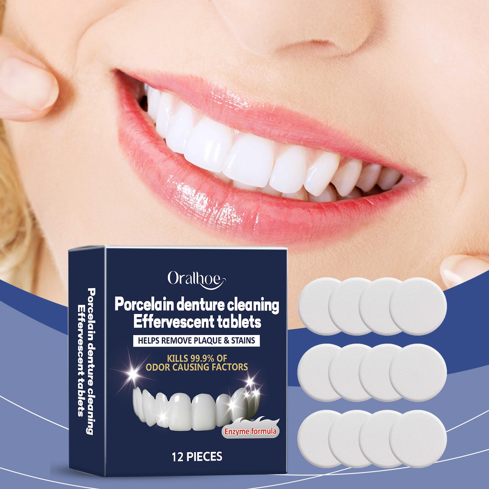 Oralhoe Denture Cleaning Effervescent Tablets with Lemon & Mint Extracts for Fresh Breath Stain Removal & Bacteria Killing 12 Pieces tooth repair kit whiten session interdental filling fake teeths instant confidence perfect smile gems enhances aesthetic