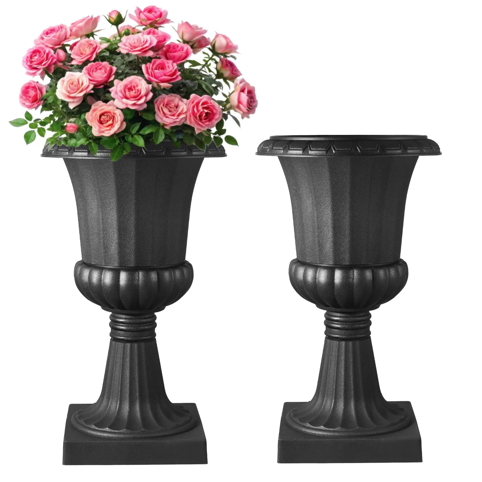 VEVOR Lightweight Plastic Urn Form Planters, 2-Pack Black Classic 15.8x26.4in Flower Pots with Twist Lock, Front Porch Planters for Wedding, Gardens, Indoor Outdoor Decoration, Pedestal Planter