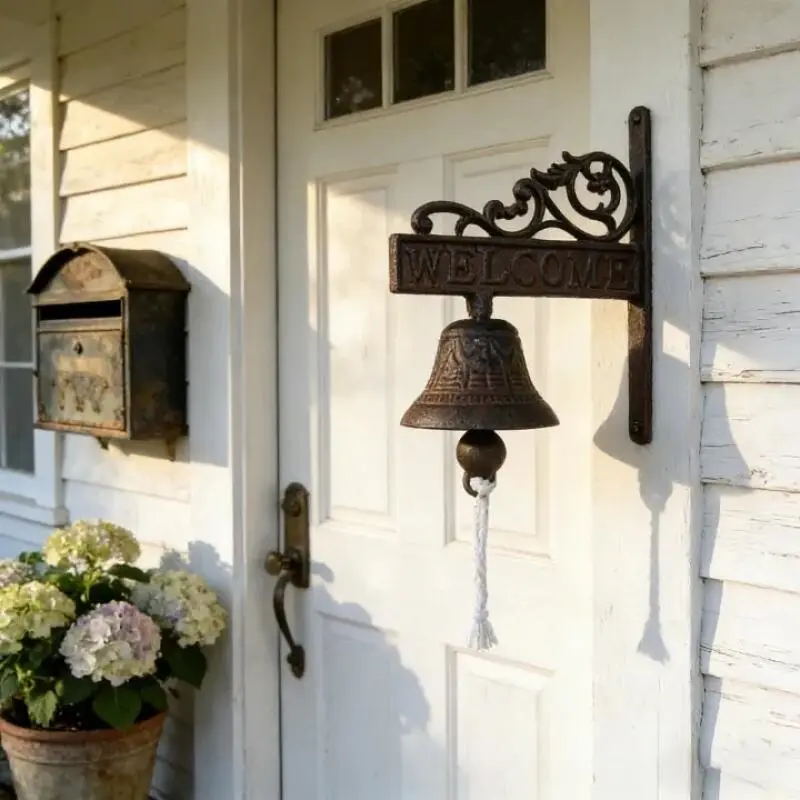 1-Pack Vintage Cast Iron Pull Rope Bell, Rustic Wall-Mount Farmhouse Home Decor Doorbell, Decorative Door Decoration with Rustic Charm for Home, Porch