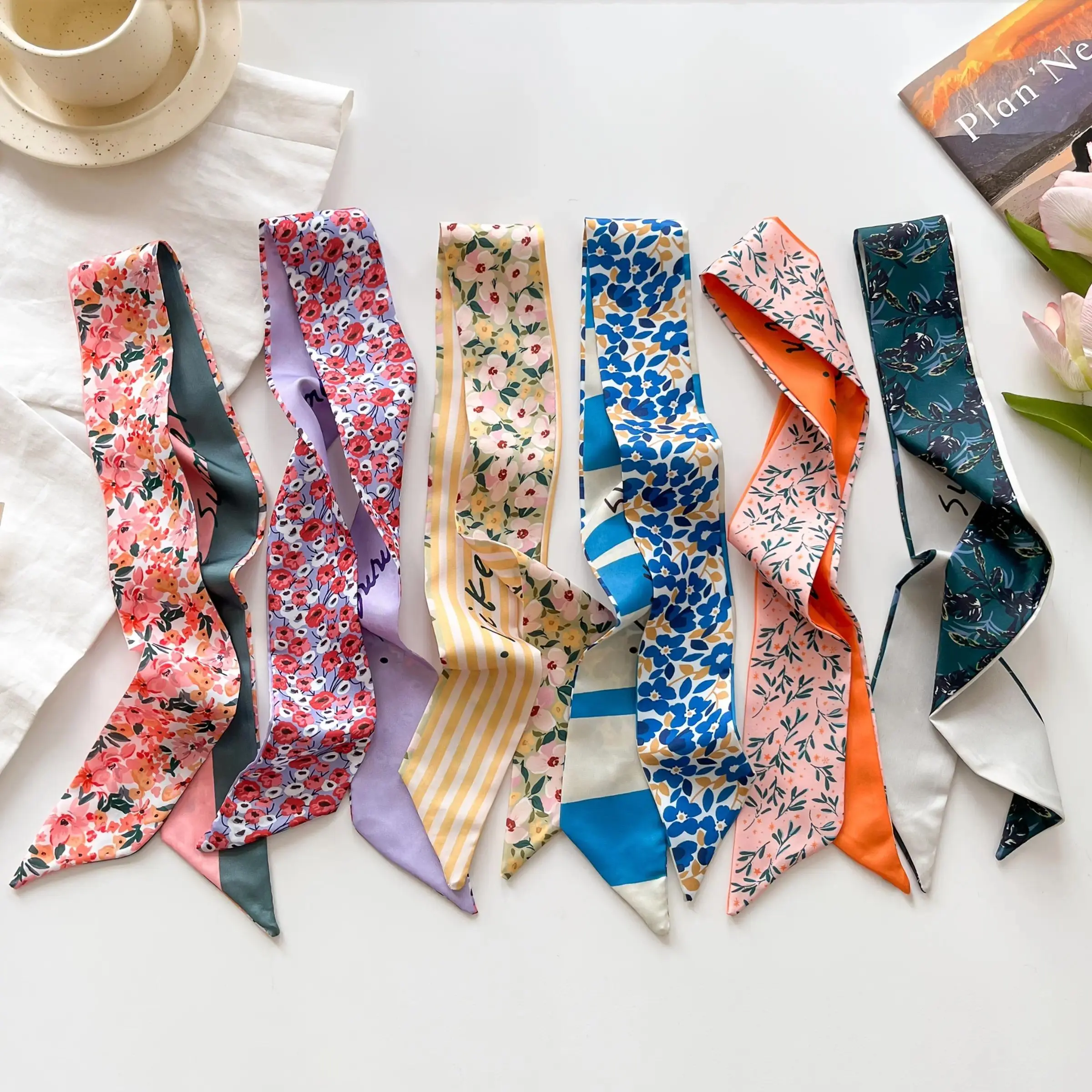 Women's 6-Piece Scarves Set, Graphic Print Polyester Neckerchiefs, Lightweight Multi-functional Scarf Style for Office & Engagement, Hand Wash, Business, Rayon, Ceremony, Casual Soft Scarf, Floral Print Scarf