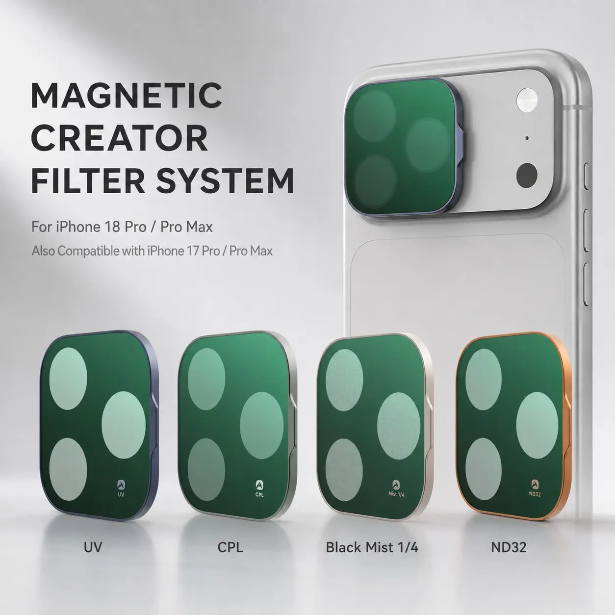 Smart Phone Camera Filter for iPhone 18 Pro/pro Max,4 in 1 lens Filter with CPL, Black Mist, UV, Snap-On Filters with Base, HD Multi-Coated Glass, Mobile Photography Accessories, Lens Attachments, Fit for Latest Models, Easy Installation