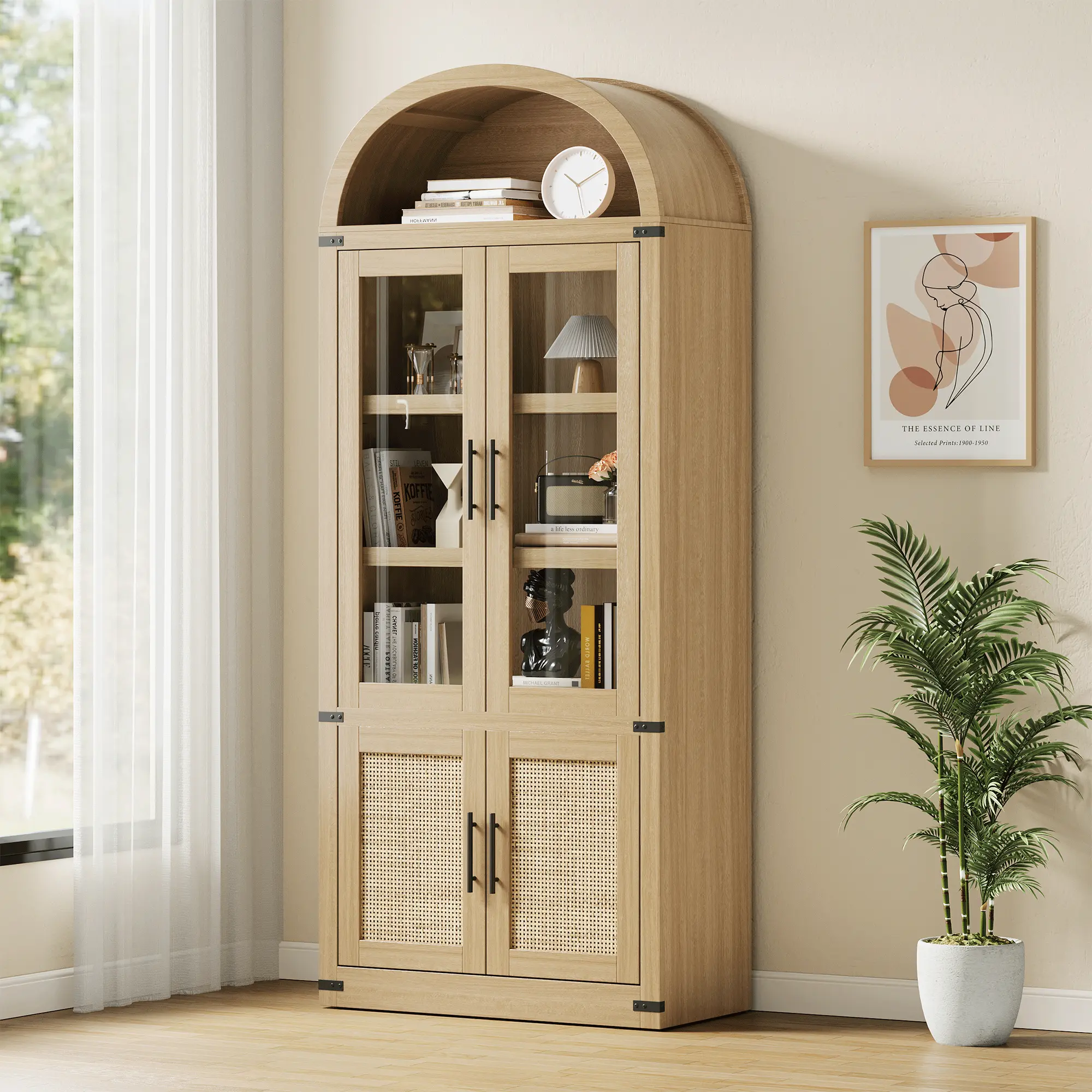 🌟 Arched Cabinet, 71" Tall 5-Tier Bookshelf – Glass Doors, Rattan Accents, Farmhouse Storage for Living Room & Kitchen! 📚✨