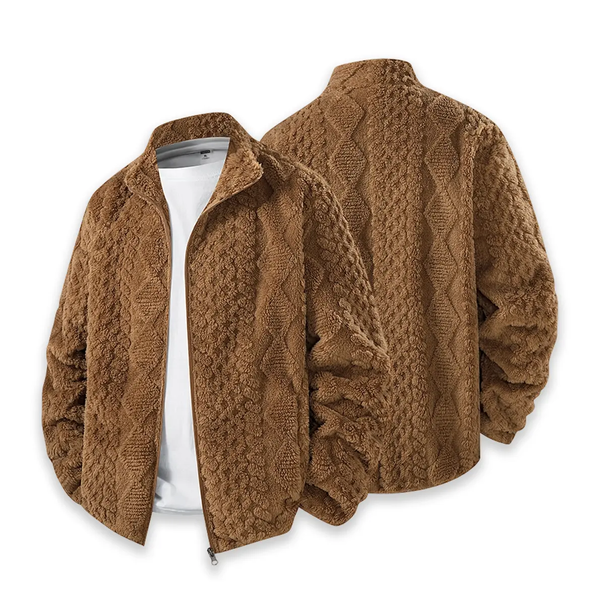 Men's Brown Textured Sherpa Fleece Stand Collar Zip Jacket - Long Sleeve Diamond Pattern Fluffy Thermal Teddy Coat, Versatile Warm Outer Layer for Casual Daily Wear