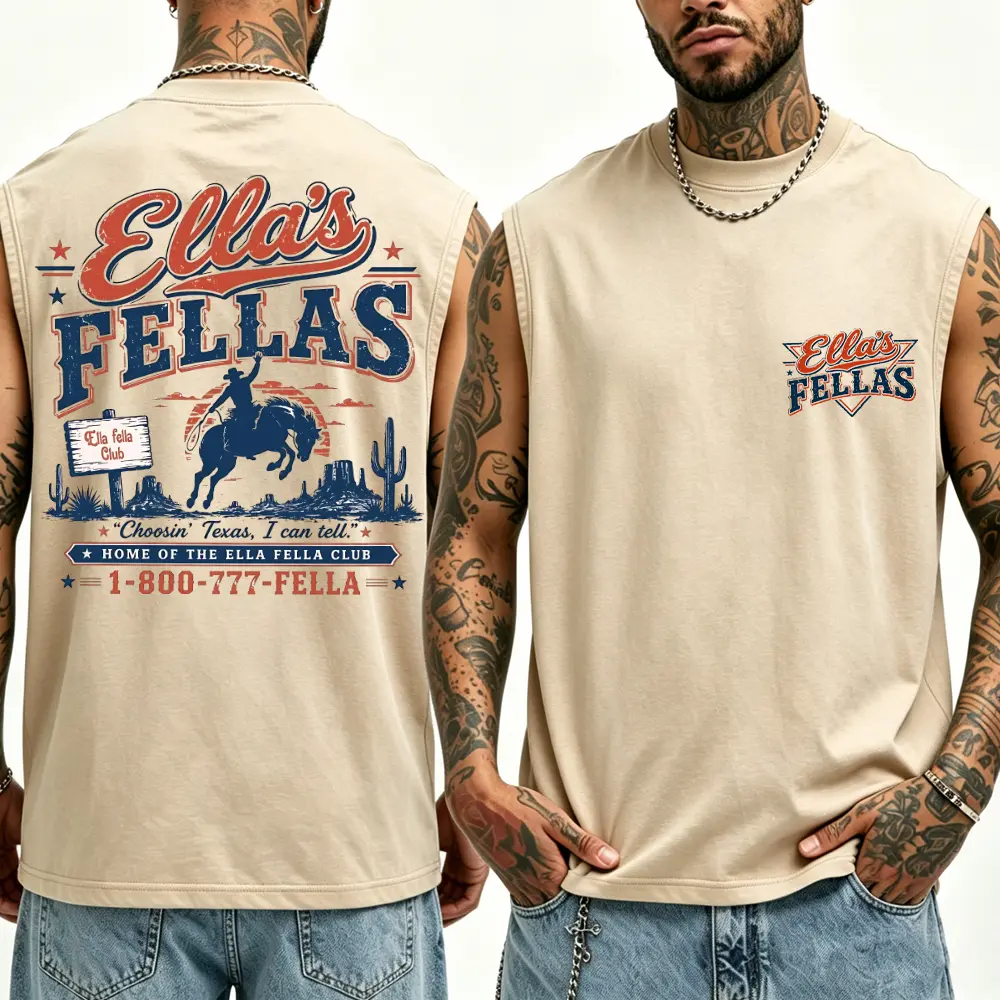 Vintage Washed "Ella's Fellas" Tank Top, Texas Cowboy Graphic Sleeveless Shirt, Retro Rodeo Club Vest, Summer Streetwear Tank for Him/Her