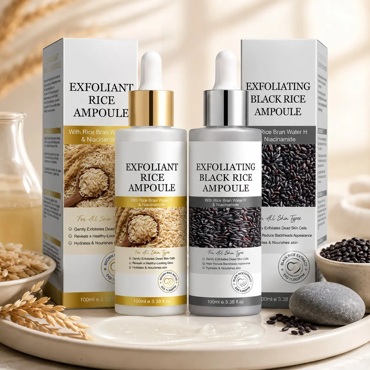 Ikzee Rice Exfoliating Ampoule, Rice Brightening Ampoule 100ML, Gentle Exfoliant with Rice Water Extracts, Aha, Bha, Niacinamide, Moisturizing, Serums