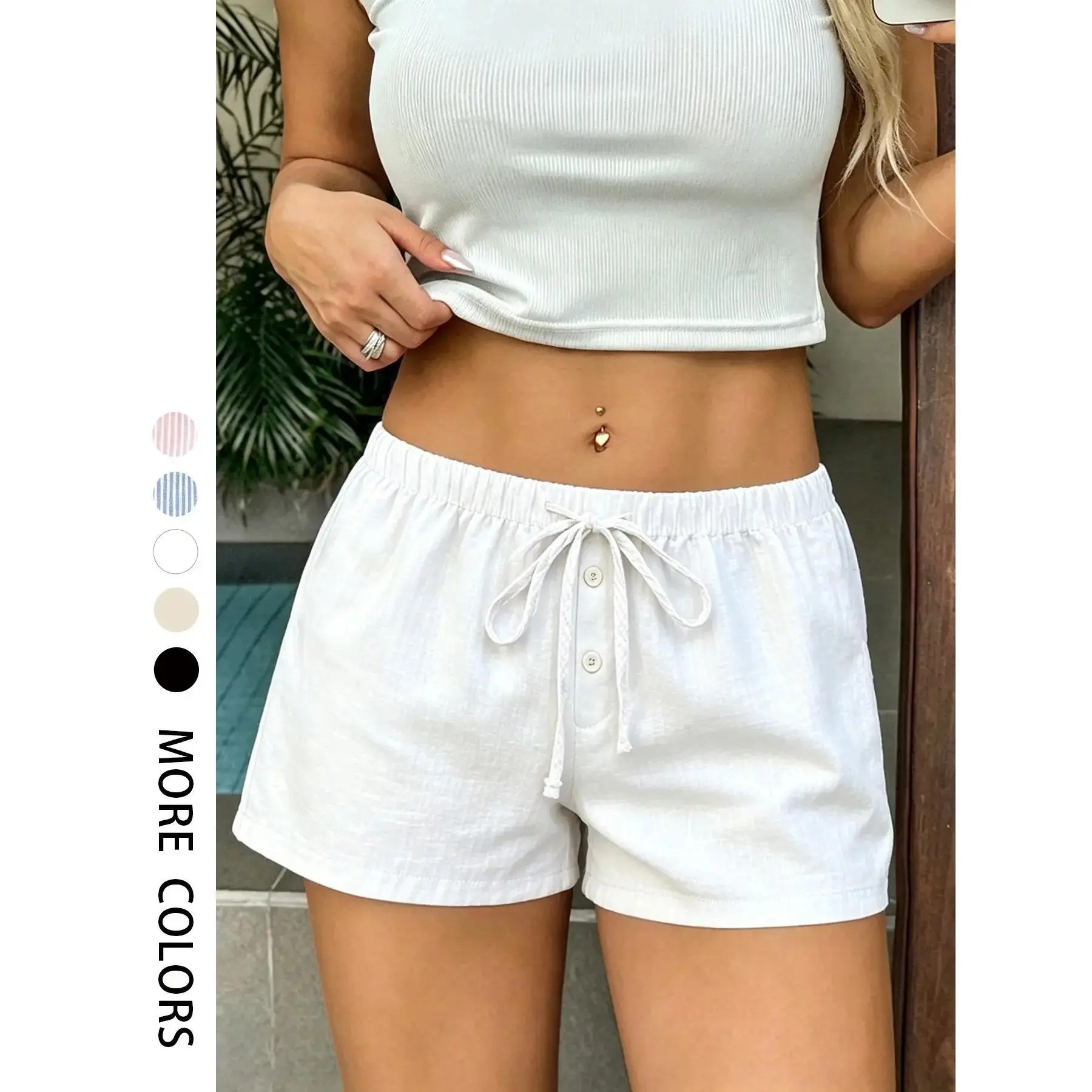 Women's Fitted Striped Beach Shorts - Soft Breathable Fabric, Elastic Waistband, Casual Wear, Stripe Print, Ideal for Leisure or Beach Use, Drawstring Tie