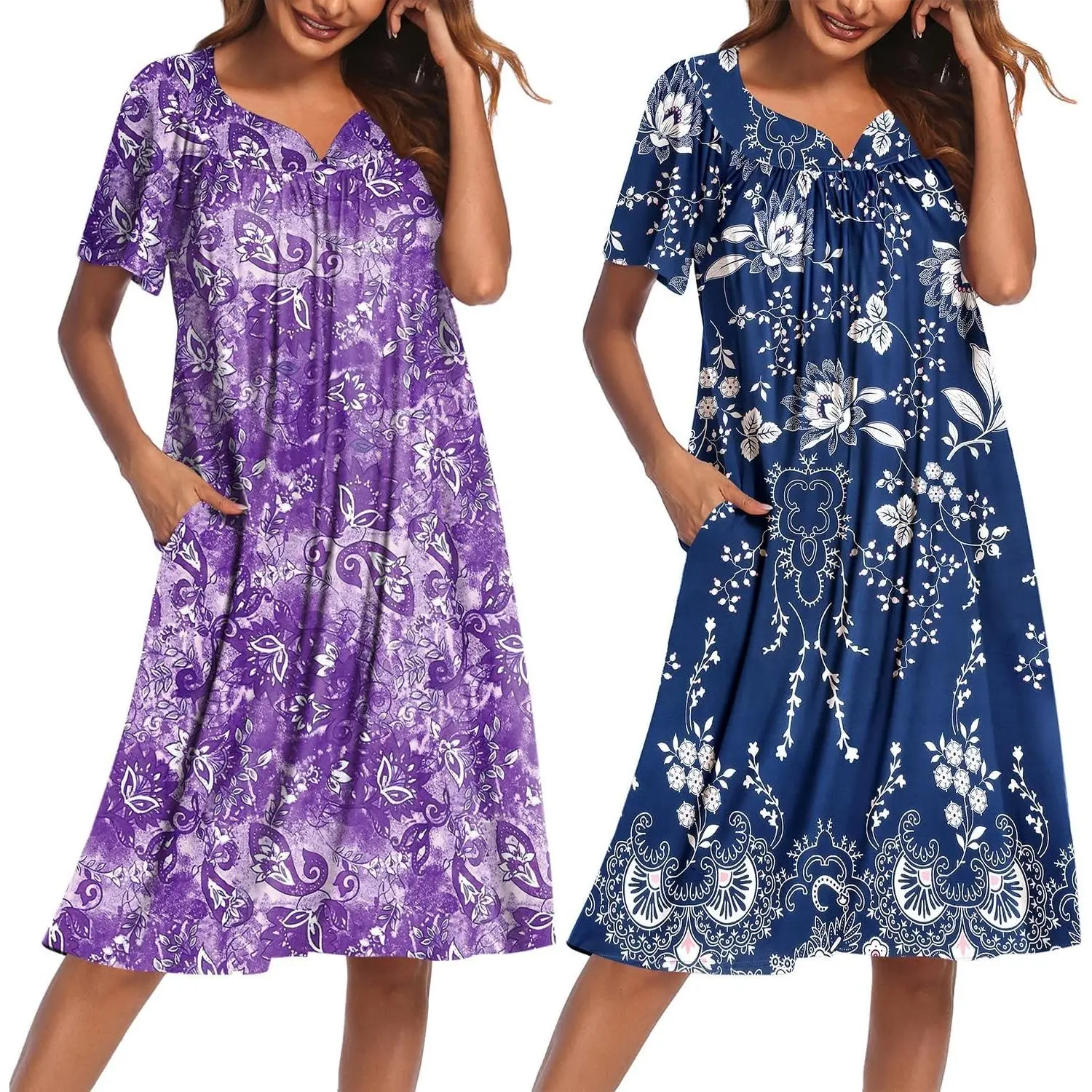 2 Pack Women's House Dresses with Pockets Short Sleeve Moomoo Floral Print Mumu Dresses V-Neck Pleated Nightgown Soft No-Pilling Wrinkle-Free Loungewear for Home & Garden S-4XL