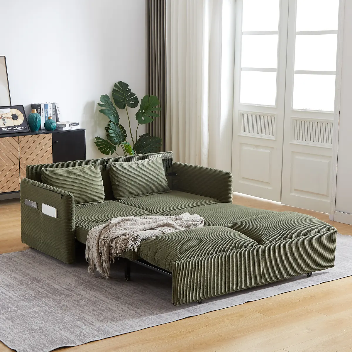 '' 64.5 Inch Sleeper Sofa Bed  3-in-1 Adjustable Sleeper with Pullout Bed   2 Pillows and Side Pockets  Soft Corduroy Convertible Sleeper Sofa Bed for Living Room Bedroom Apartment Office