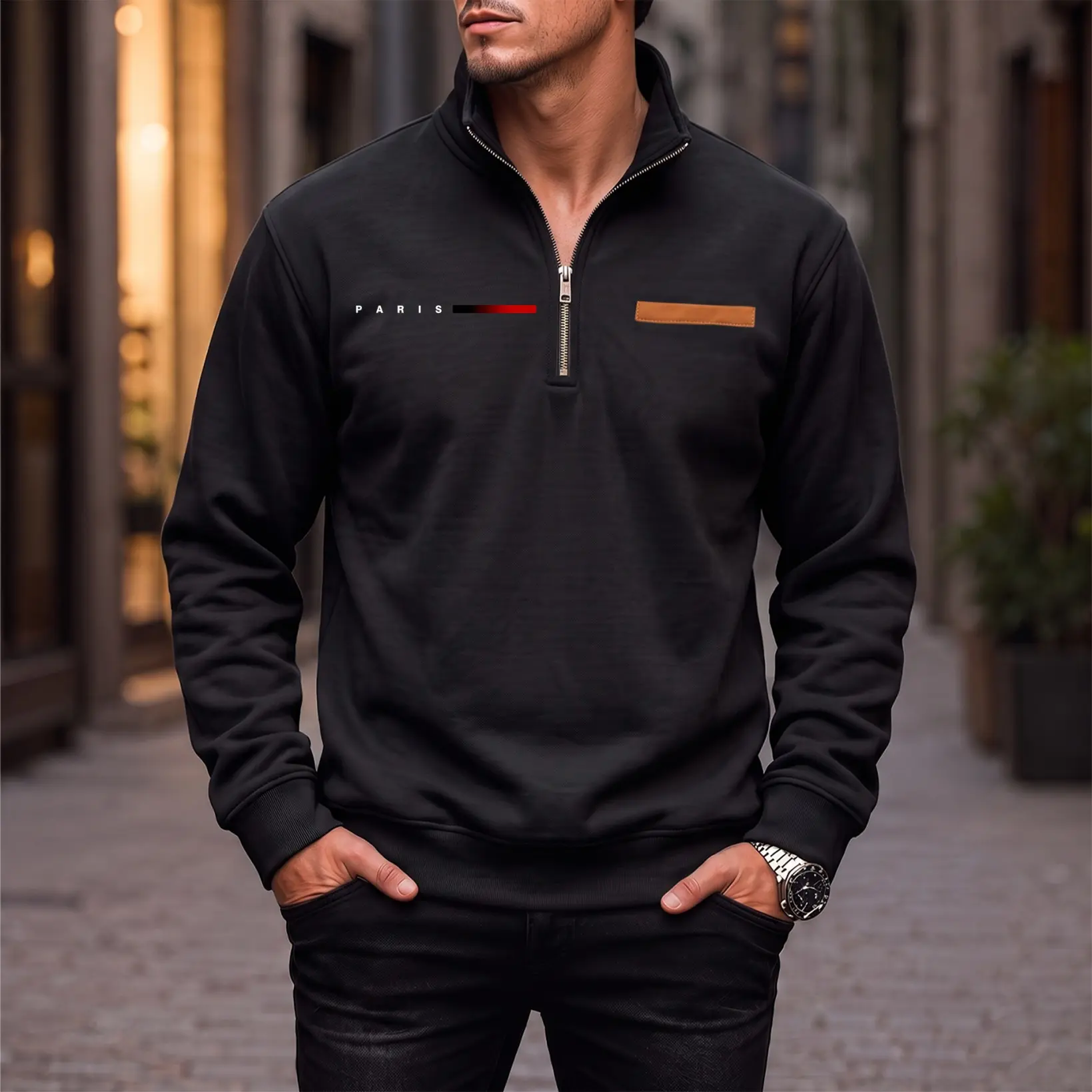 Men's Paris Quarter-Zip Soft Fleece Pullover - Menswear Loose Longsleeves Casual Warm Stand Collar Sweatshirt Jacket with Letter Print for Fall Winter Outdoor Activities, Everyday Wear