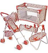 Convertible Combo Baby Doll Stroller for 3 Year Old Girls & Up |   Play Toy Baby Stroller for Dolls, Folding Adjustable Bassinet Carriage Buggy with Storage Basket Converts to Sit Up Pushcart Pram, Red