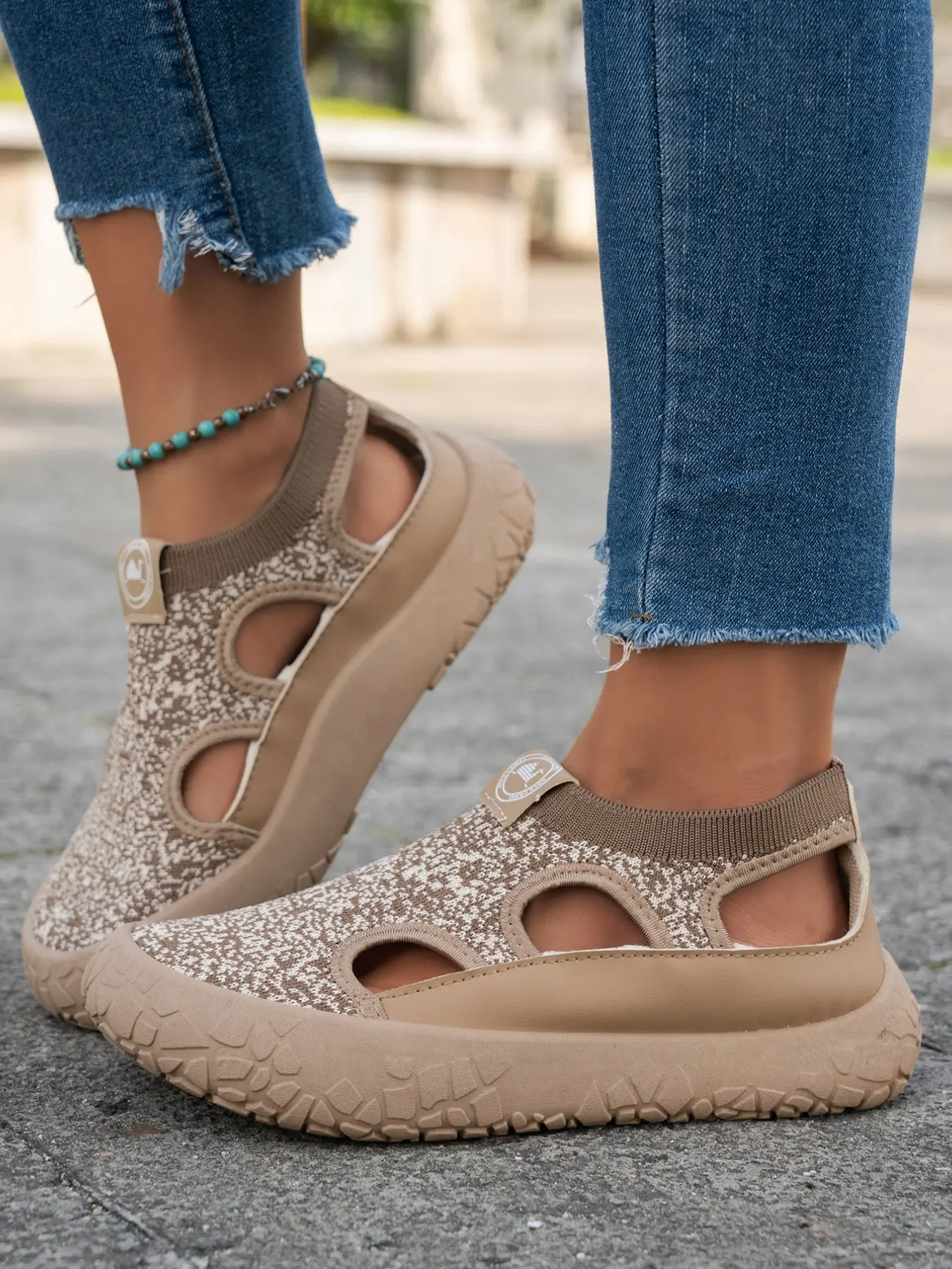 Women's Casual Round Toe Flatform Sandals, Textile Upper Rubber Sole, Cut Out Design, Random Print, Comfortable Outdoor Beach Shoes, Summer Sandals