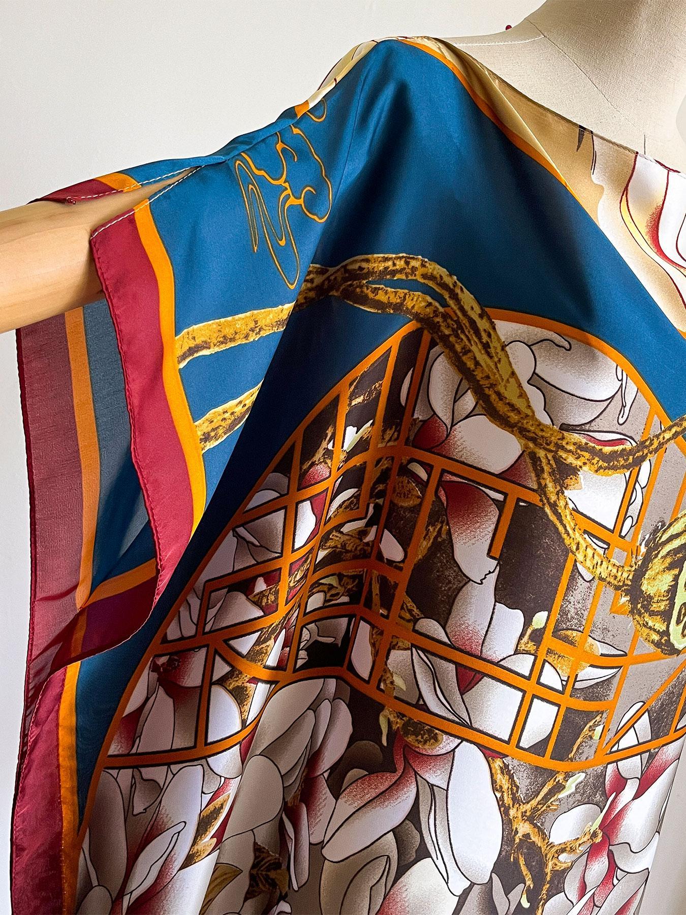 Elegant Floral Print Long Robe and Headscarf Set, Boho Style Beach Cover-Up with Sun Protection, Women's Lightweight Satin Scarf, Swimsuit Cover Up