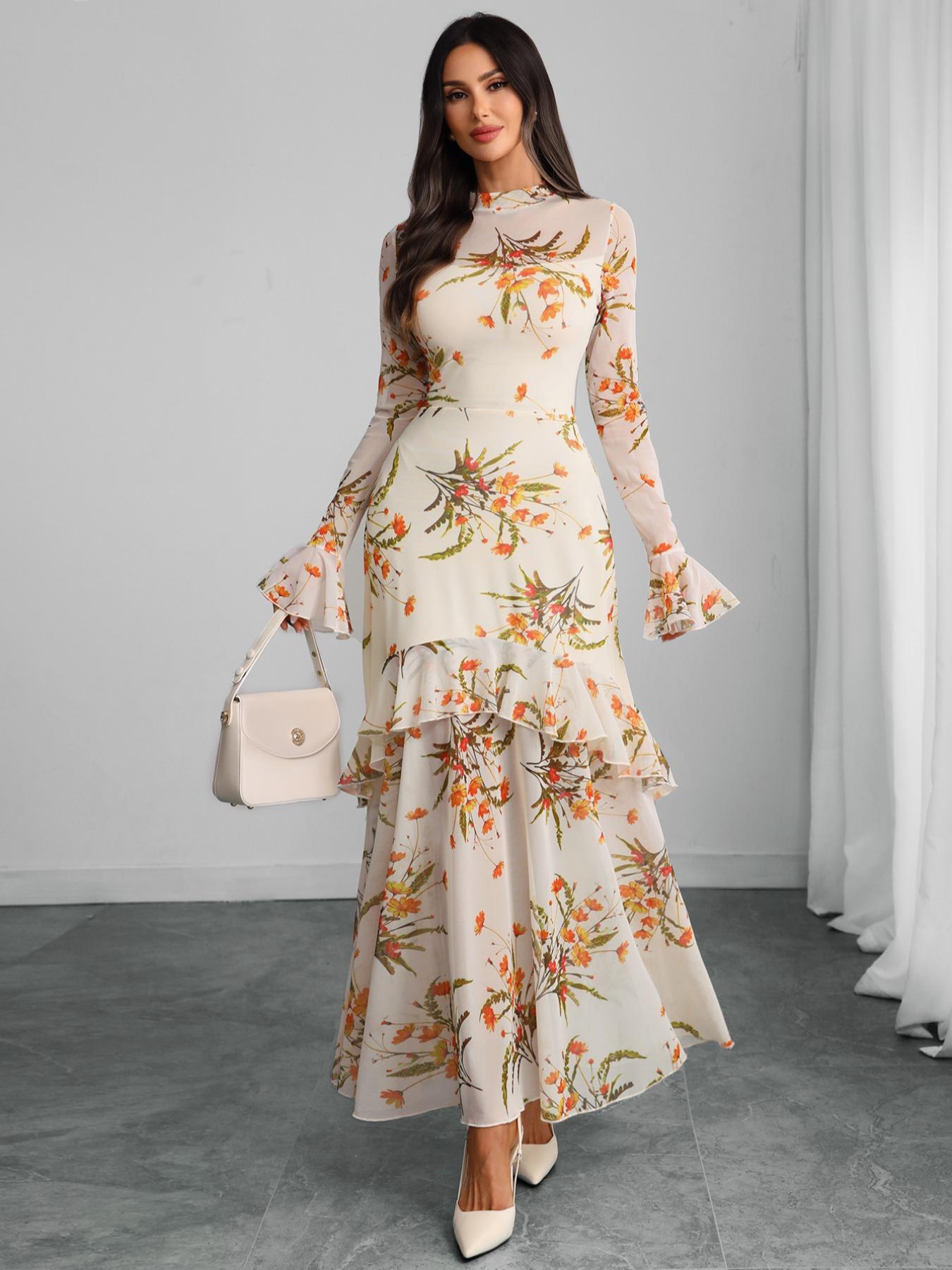 Women's Floral-Print Fitted Dress, Elegant Feminine Vintage Gothic Aesthetic Flared Long Sleeve Dress for Party Holiday Wedding Guest, Ladies' Clothes for All Seasons, Elegance, Garden Formal Dresses for Wedding Guest