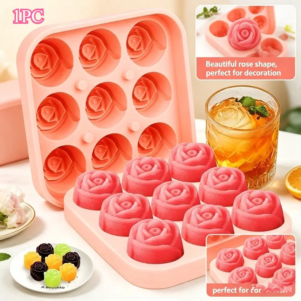 9 Cavity Rose Silicone Ice Cube Mold, Food Grade Rose Flower Ice Tray with Lid, Easy Release Silicone Molds for Ice Cubes, Chocolate, Jelly, Candy, Whiskey Cocktail Drinks, DIY Candle Soap Making