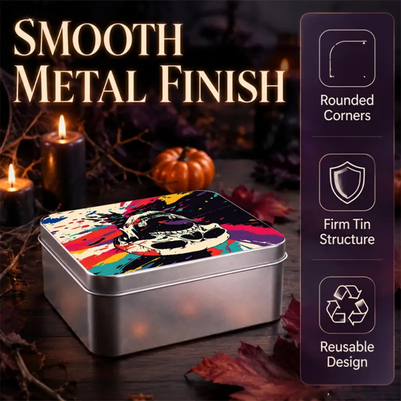 Colorful Graffiti Skull Metal Storage Tin Box, Lightweight Reusable Multi-Purpose Metal Container, Compact Decorative Tin Case for Candy Jewelry Trinkets, Halloween Gothic Skeleton Print Storage Box, Holiday Party Decor & Gift for Family Friends