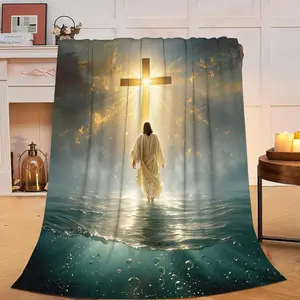 Jesus Water Walk Cross Flannel Blanket, Holy Light Christian Oil Painting Soft Throw, Cozy Warm Religious Faith Gift for Her Him, Couch Sofa Bed Inspirational Art Decor, Summer AC Nap Blanket, Christmas Easter Gift for Believers Church Family