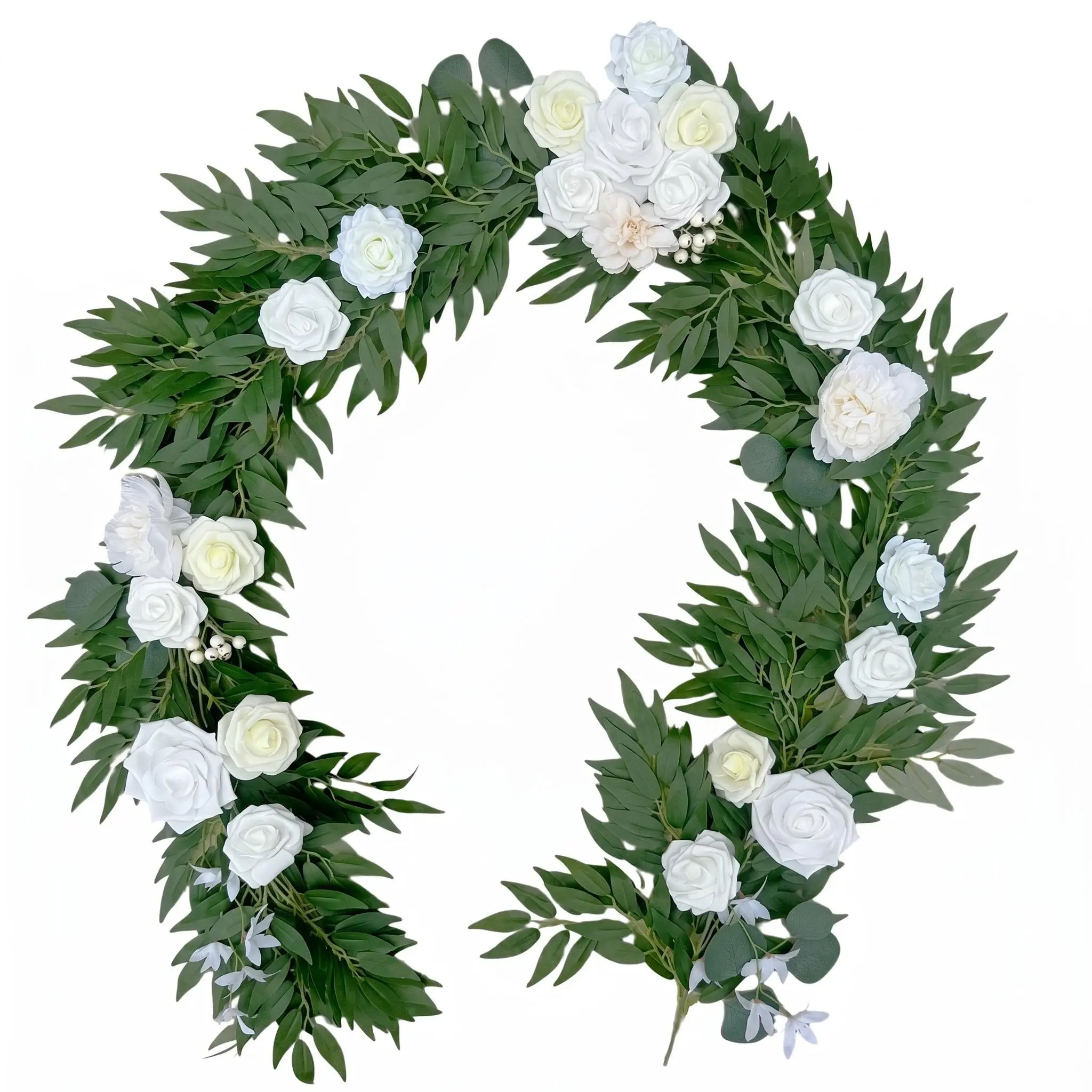 1 PC Pre-Assembled Green Artificial flower Ivory White Rose Arch Garland, Lush Green Foliage Faux Floral Swag for Wedding Arch, Party Backdrop & Home Wall Hanging Decor