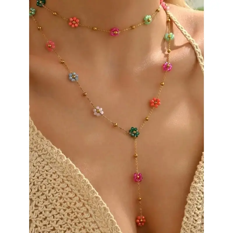 2 Piece Set Cute Crystal Flower Necklace Y Shape Titanium Steel Design Colorful Beads Boho Style Pendant Necklace for All Seasons Beaded Y Necklace Necklace Pendant Jewelry